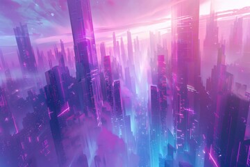 Experience the mesmerizing glow of a digital cityscape, where skyscrapers reach for the stars against a clear white backdrop.
