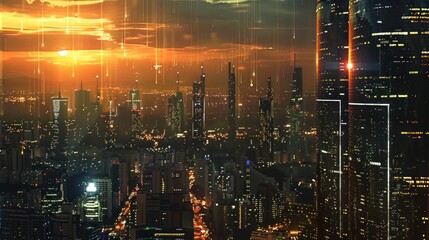 Naklejka premium A time-lapse of a bustling metropolis transitioning from day to night, showcasing the seamless integration of solar panels and wind farms into urban landscapes.