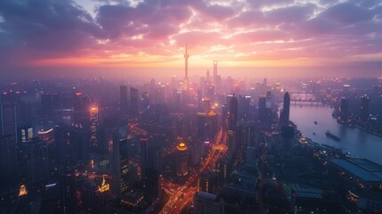 Fototapeta premium A time-lapse of a bustling metropolis transitioning from day to night, showcasing the seamless integration of solar panels and wind farms into urban landscapes.