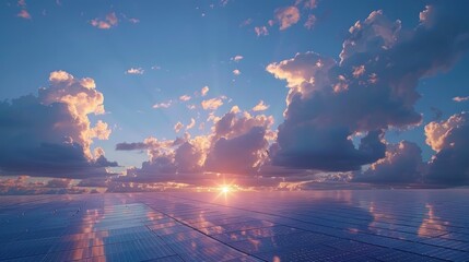 A time-lapse of clouds drifting lazily across the sky, casting ever-changing shadows on a vast array of solar panels, capturing the beauty of nature's dance with technology.