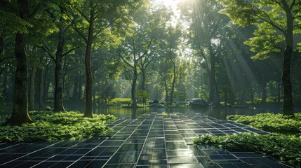 Fototapeta premium The gentle rustle of leaves as a gentle breeze passes through a forest of towering trees, surrounding a clearing filled with gleaming solar panels, a testament to nature's partnership with technology.