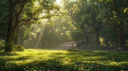 Fototapeta premium The gentle rustle of leaves as a gentle breeze passes through a forest of towering trees, surrounding a clearing filled with gleaming solar panels, a testament to nature's partnership with technology.