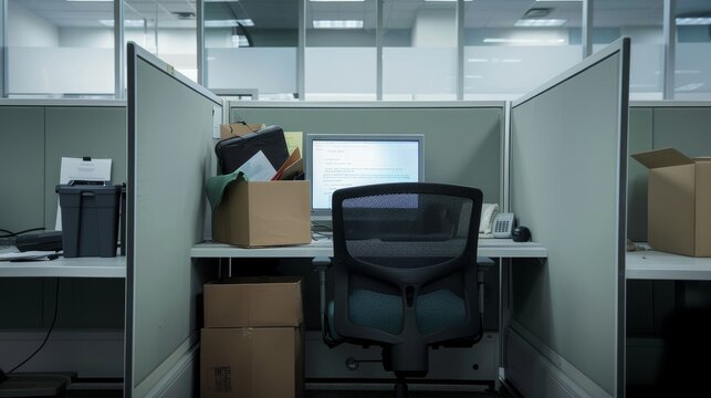An office cubicle with personal belongings packed into a box, and a computer screen displaying a termination email. The empty chair emphasizes the departure of the employee.