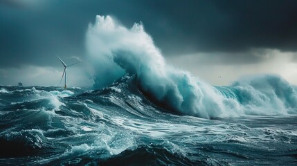 The rhythmic rise and fall of ocean waves, captured in slow motion as they crash against the sturdy base of a tidal energy generator, harnessing the power of the sea.