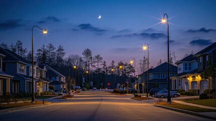 The soft glow of streetlights powered by renewable energy, casting long shadows on a quiet residential neighborhood as night falls, a scene of modern sustainability in action.