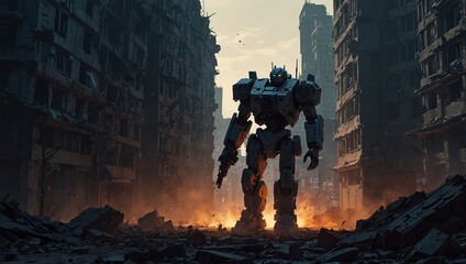 Action scene of a sci-fi mech standing on the ruins of the city in an attacking pose with an assault gun. Apocalypse concept.