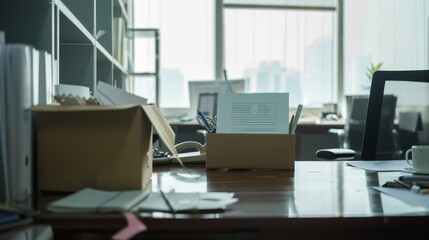Naklejka premium A desk with a termination letter prominently displayed, and a box filled with personal belongings ready to be taken away. The scene captures the reality of job loss in a business setting.