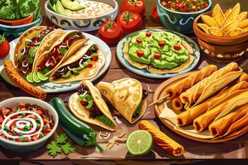 A vibrant illustration of a variety of mouthwatering traditional Mexican dishes, such as tacos, guacamole, and churros, artistically arranged on a festive table.