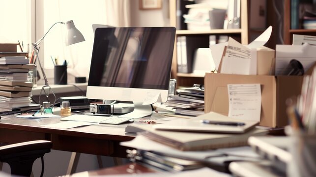 A desk with a resignation letter left on top, along with a computer and office supplies. The image reflects the moment of realization and acceptance of a job ending.