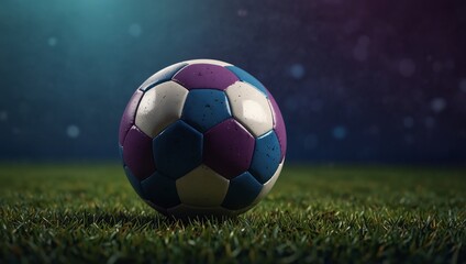 Fototapeta premium A soccer ball is in front of a blue and purple background.Soccer ball on the grass with dramatic style illustration.