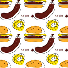Hot Dog Seamless Pattern Cartoon Vector, Modern Sandwiches Fast Food Popular Junk Snack Template Idea