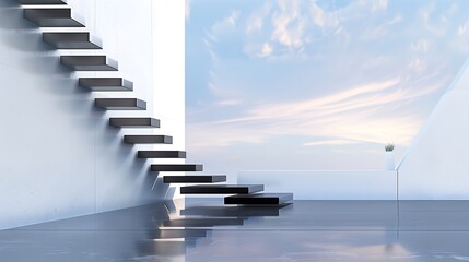 A sleek staircase with a combination of matte black steps and a glossy white wall