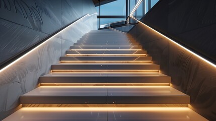 A sleek staircase with a dynamic LED light installation along the wall