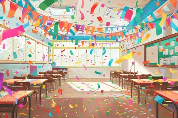 Step into a vibrant classroom bursting with confetti, where the walls and ceilings are adorned with colorful streamers and ribbons, creating a festive atmosphere.