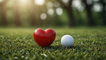 a red heart shaped golf ball sitting on the grass, green blurred background, horizontal banner, copy space for text, valentines of love to golf concept.