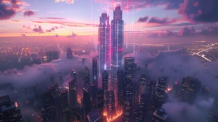 High-angle view of a tech companys futuristic headquarters, 3D CG rendering, neon lights outlining the structure, dusk sky with city lights in the background