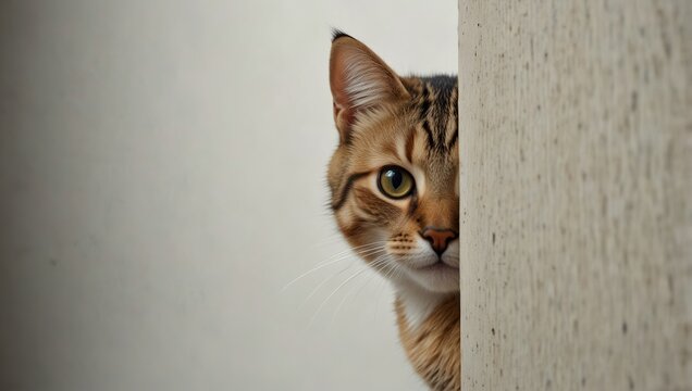 Banner Funny cat peeks out from behind the wall. Copy space. Cat looks out, cat on white background peeks around the corner. A smart, playful and curious kitten looks into the camera.