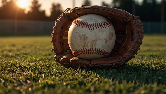 Baseball glove and ball on the field at dusk. Evening light casts shadows over sports equipment, game preparation.