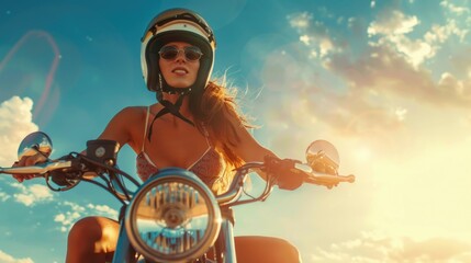 Woman in a swimsuit on a motorcycle in a helmet. Cinematic. AI generative. - Powered by Adobe