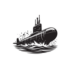 Marine Majesty: Black and White Submarine with Stylized Splash in Minimalistic Vector Art