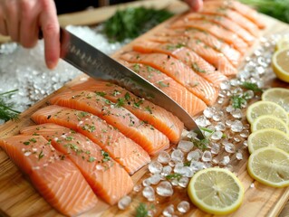 Master chef filleting a salmon on a cutting board with a chefs knife