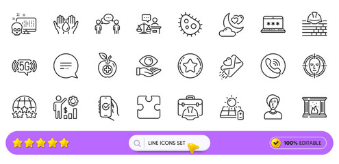 Health eye, 5g wifi and Construction toolbox line icons for web app. Pack of Laptop password, Loyalty star, Puzzle pictogram icons. Cyber attack, Face detect, Approved app signs. Search bar. Vector