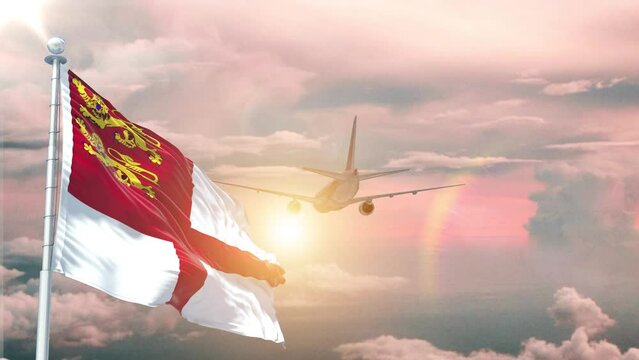 Sark flag Waving Realistic With Sky Plane Takes Off At Sunrise