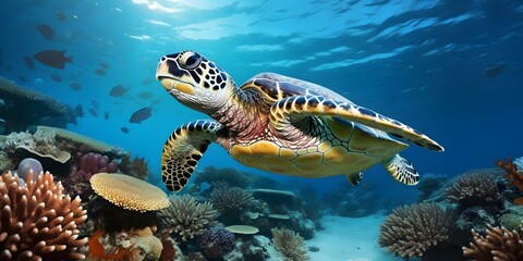 Hawksbill Turtle (Eretmochelys imbricata) Feeding on Coral Reef in Its Natural Habitat. Concept Marine Life, Coral Reef Ecosystem, Hawksbill Turtle, Natural Habitat, Feeding Behavior