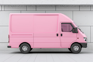 Pink van mockup with empty space on white wall background, advertising for delivery