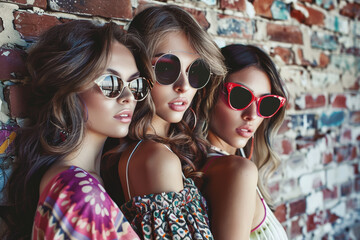 Three glamorous models in sunglasses against a brick wall