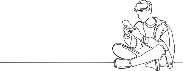 continuous single line drawing of young man sitting on floor using smartphone, line art vector illustration