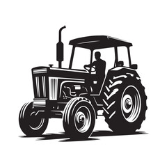 Vintage Style Tractor Silhouette: Farmer Driving in Black and White