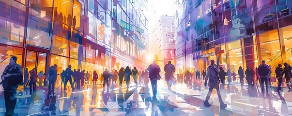 Naklejka premium Watercolor-style panoramic street scene