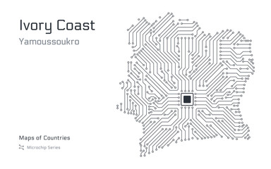 Ivory Coast Map with a capital of Yamoussoukro Shown in a Microchip Pattern with processor. E-government. World Countries vector maps. Microchip Series	
