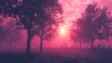 Silhouetted trees under a pink sunset