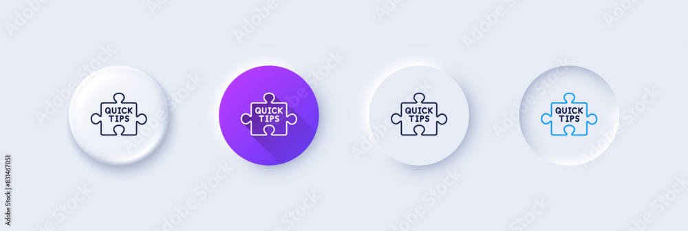 Poster quick tips puzzle line icon. neumorphic, purple gradient, 3d pin buttons. helpful tricks sign. line 