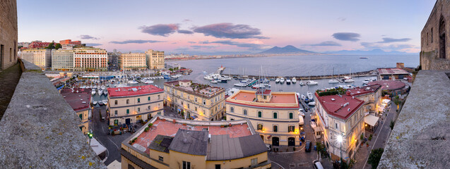 Naples, Italy. Splendid panoramic view from Castel dell'Ovo over the city and Borgo Marinari after...