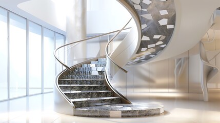 Artistic staircase with mosaic tile risers and a sculptural metal handrail