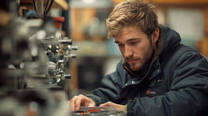 Craftsman with beanie and orange jacket, deeply focused on operating a precision machine in a modern workshop, demonstrating high skill and dedication to his craft.