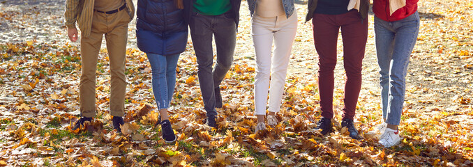 Legs of unrecognizable people friends standing in a row in the autumn park on the ground in the...