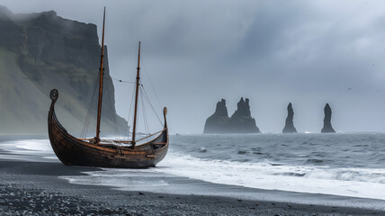 A Viking boat on the coast of the Nordic countries. black sand, overcast sky. the history of the Nordic peoples.