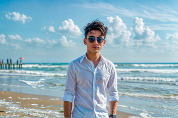 Man in white shirt and sunglasses standing on beach next to the ocean.
