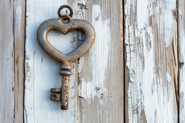 Heart and key on white wooden background	