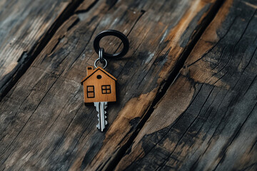 House keys on wooden background, with house shaped keychain