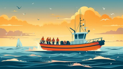 Obraz premium Painting of a boat sailing in the ocean with the Coast Guard in the background