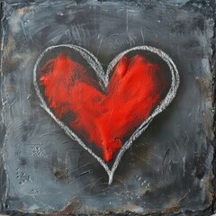 A drawing in red chalk in the shape of a heart on the background of a blackboard is used to decorate Valentine's Day, love, a couple or engagement, a greeting card, an invitation.