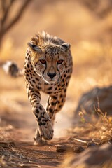 A cheetah in full sprint across the savannah, displaying its remarkable speed and power, with a backdrop of tall, golden grasses, epitomizing the untamed beauty of wildlife commercial