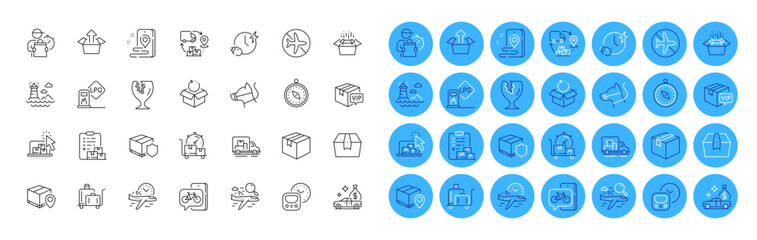 Luggage trolley, Online storage and Place line icons pack. Parcel, Flight mode, Lighthouse web icon. Truck transport, Search flight, Dog leash pictogram. Fragile package. Color icon buttons. Vector