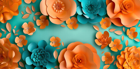 Abstract background with orange and teal paper flowers. Digital art wallpaper. Generated AI. 