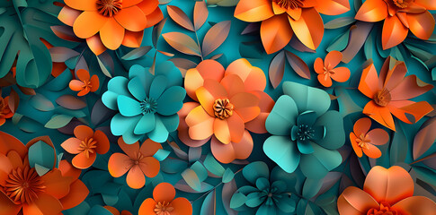Abstract background with orange and teal paper flowers. Digital art wallpaper. Generated AI. 